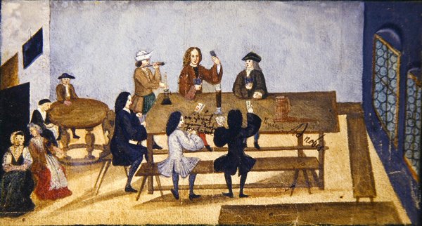 En krointeriørscene med figurer, der spiller kort, ca. 1690 (gouache på papir) af German School