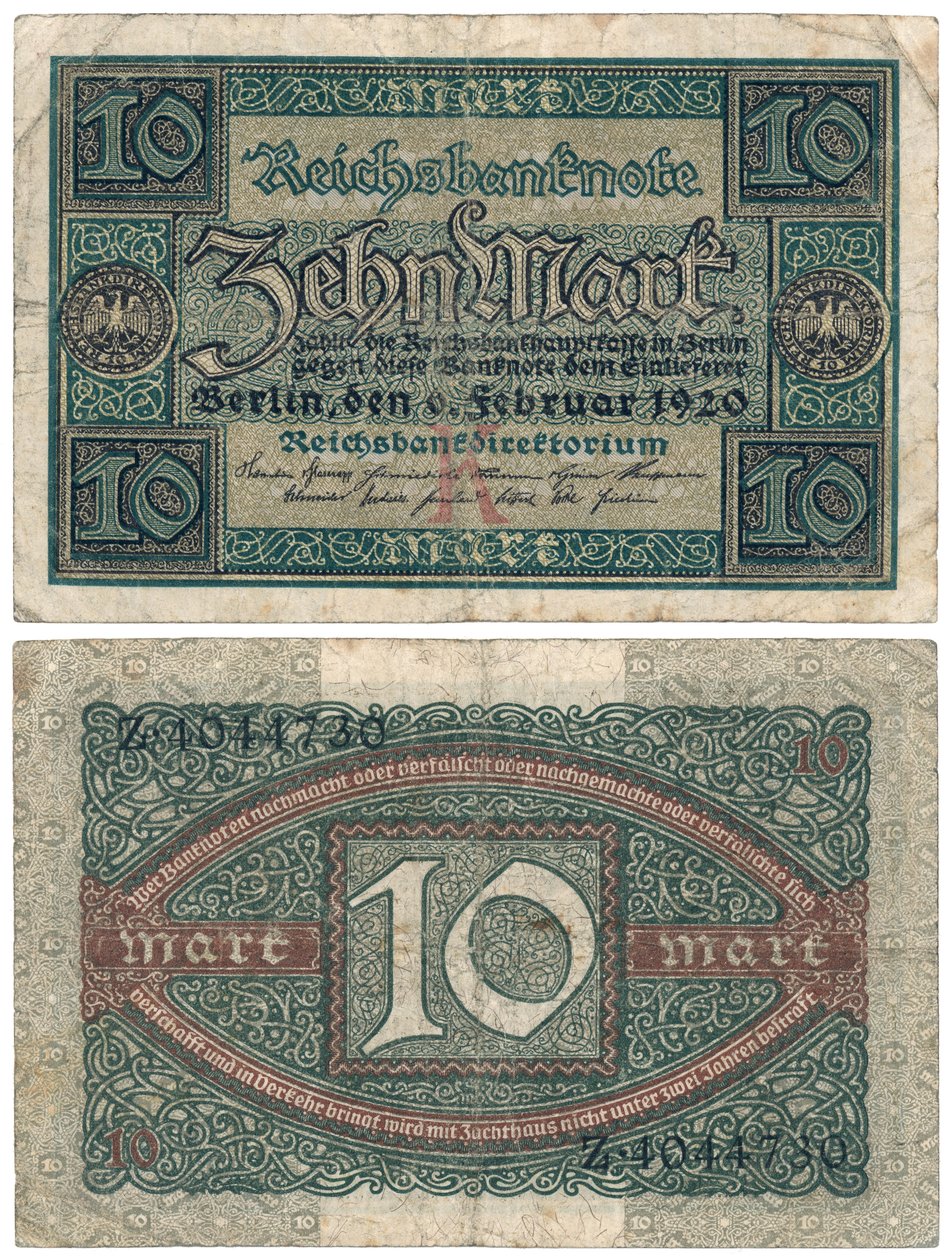 En ti marks seddel, 1920 (recto og verso) af German School