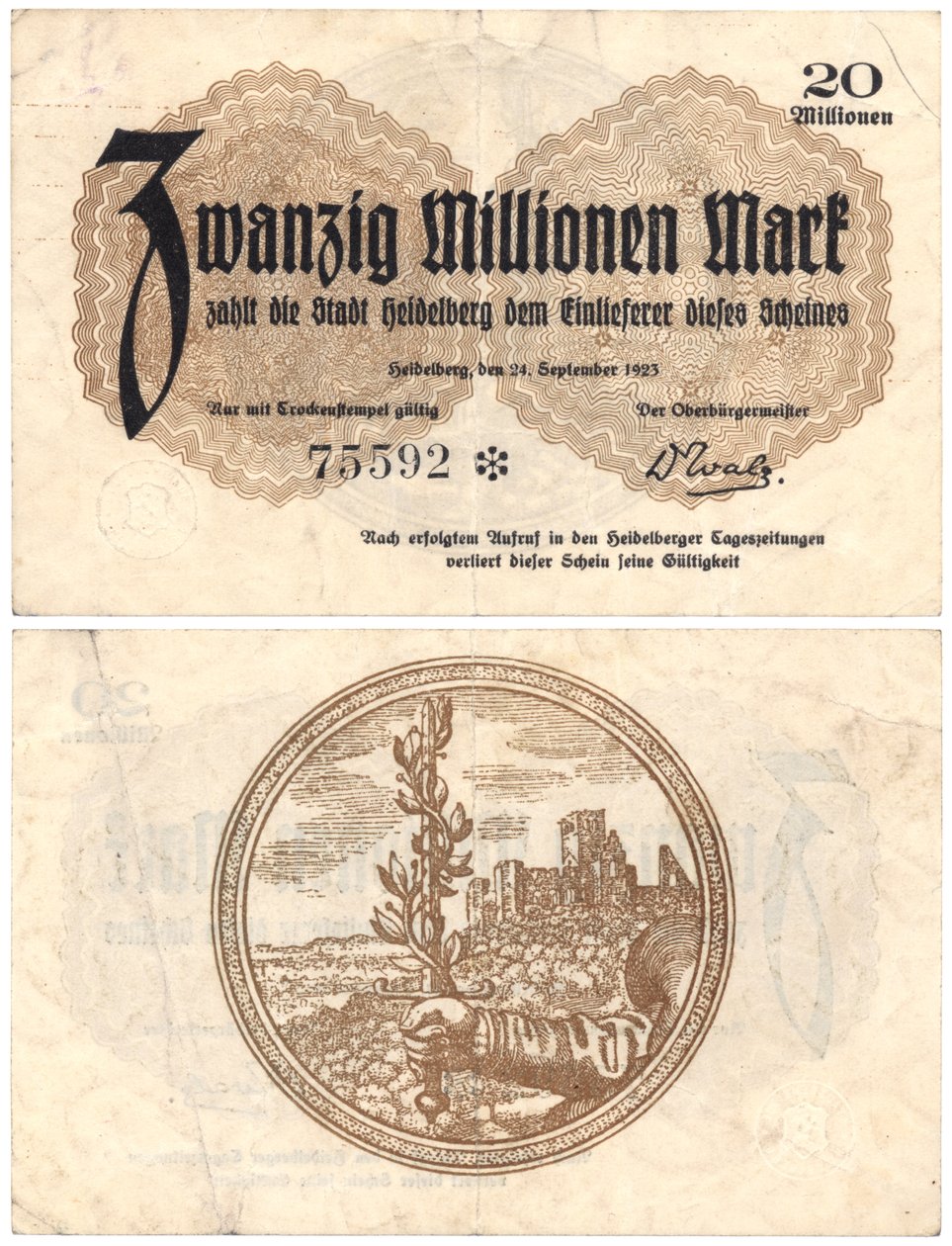 En seddel på tyve millioner mark, 1923 (recto og verso) af German School