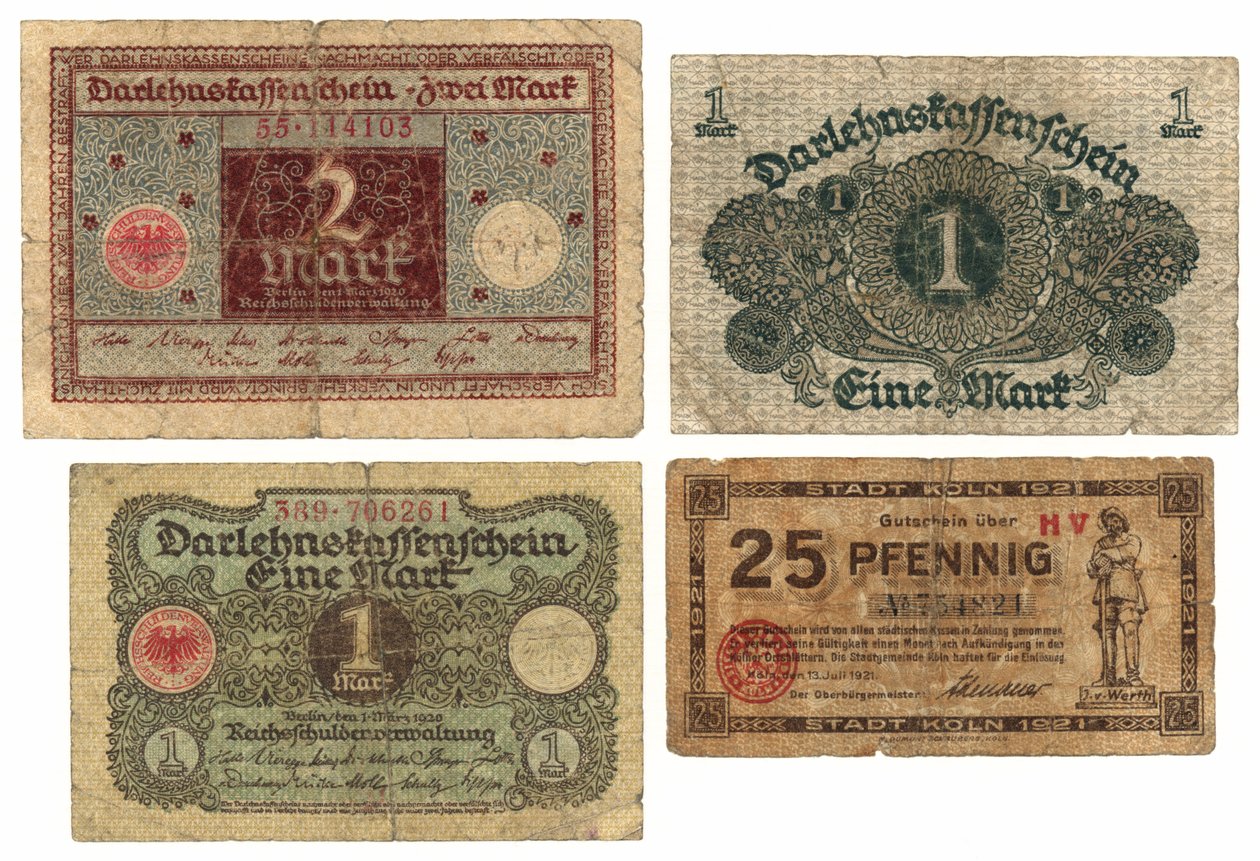 En tomarksseddel, to enmarkssedler og en femogtyve pfennig-seddel, 1920-21 af German School