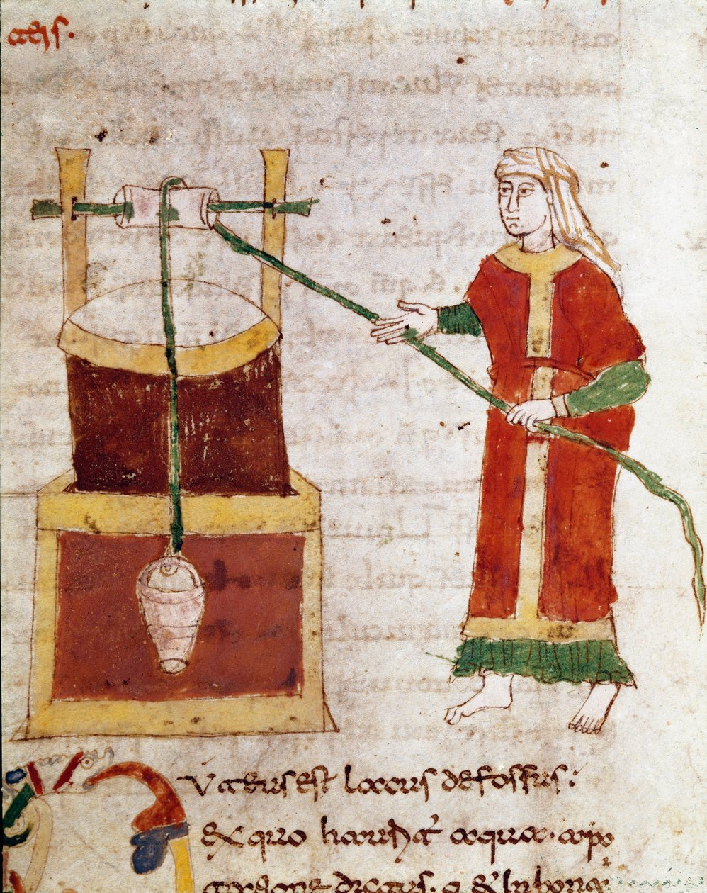 En kvinde henter vand fra miniaturebrønden taget fra bindet "De puteis"" af manuskriptet "De Universo"" (eller De rerum naturis (De la Nature des choses)) (cod. 132) af Rabanus Maurus Magnentius (eller Raban) Maur eller Rabano Mauro) (ca. 780-856). 9. århu af German School
