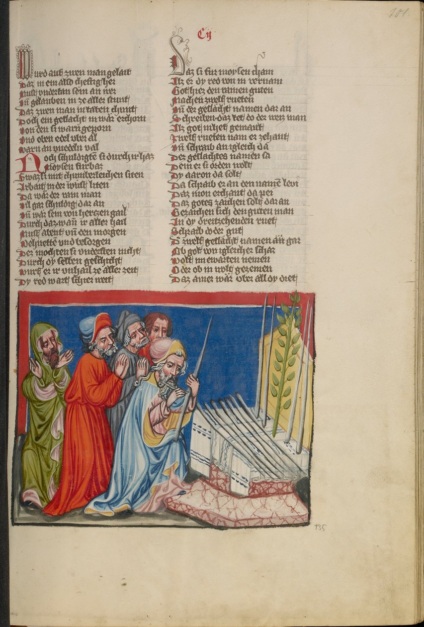Aarons blomstrende personale fra Weltchronik Ms. 33, fol. 101, ca. 1400-10 (tempera, guld- og sølvmaling, blæk på pergament) af German School