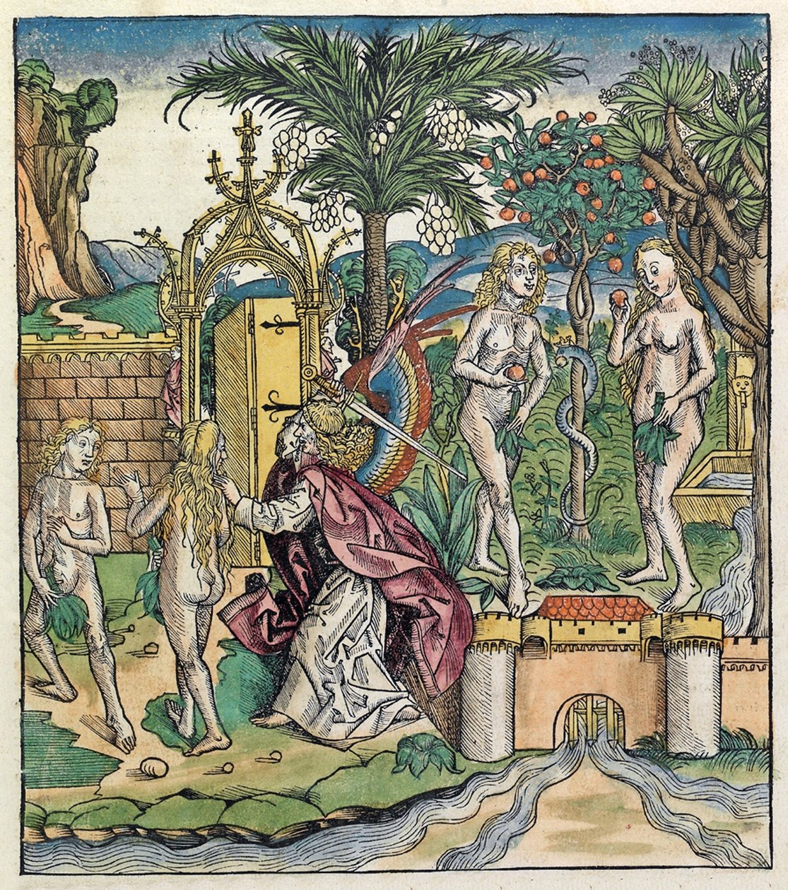 Adam og Eva bliver forvist fra Eden, offentliggjort i Nürnberg Chronicle, 1493 af German School
