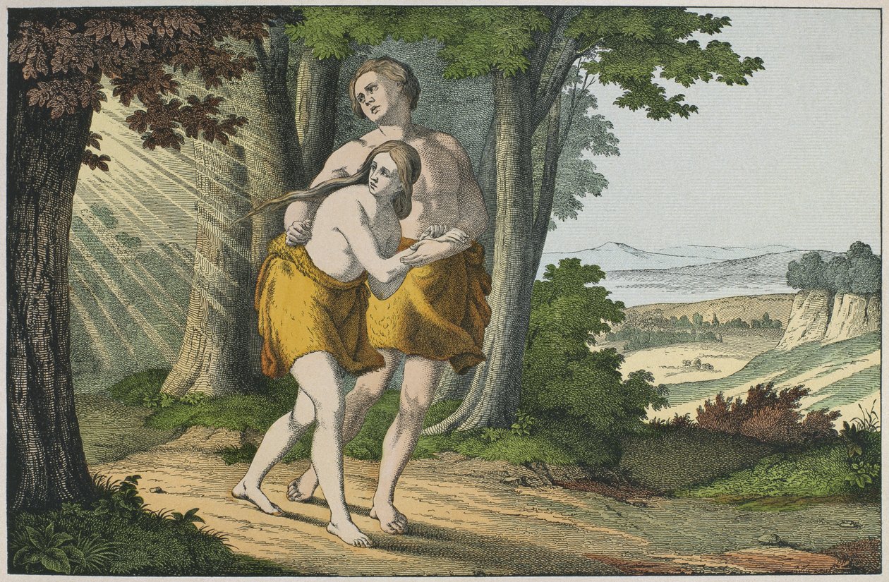 Adam og Eva udvist fra paradis, illustration fra LANcien Testamente, udgivet af Jakob Ferdinand Schreiber, Esslingen (farvestik) af German School