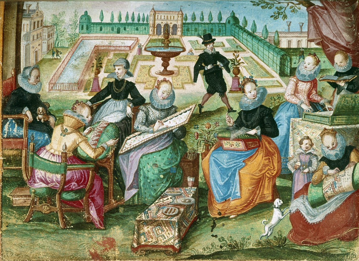 Add.1 7025 fol.50 Damer siddende ved deres broderi, fra 