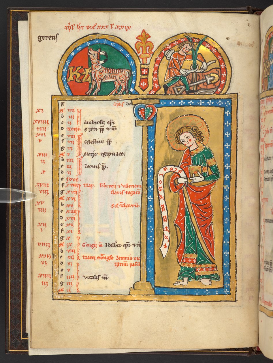 Tilføje. 60629, f.2v april, del af 12 kalendersider i guld og farver, med arkitektoniske rammer, der hver indeholder et stjernetegn, en apostel og månedens arbejde (vellum) af German School