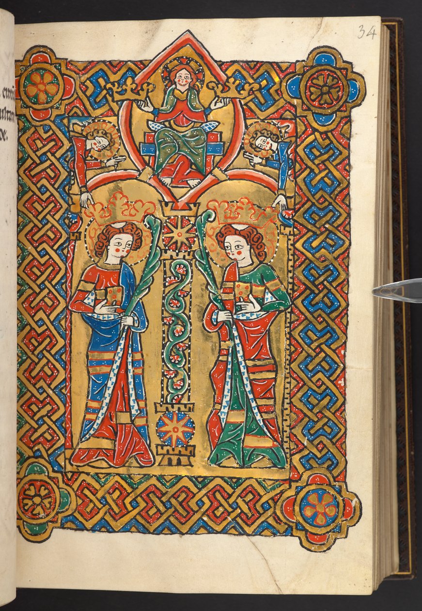 Tilføje. 60629, f.34 Kristus og engle kroner to klosterhelgener (vellum) af German School