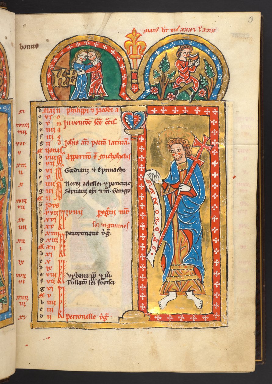 Tilføje. 60629, f.3. maj, fra 12 kalendersider i guld og farver, med arkitektoniske rammer, der hver indeholder et stjernetegn, en apostel og månedens arbejde (vellum) af German School