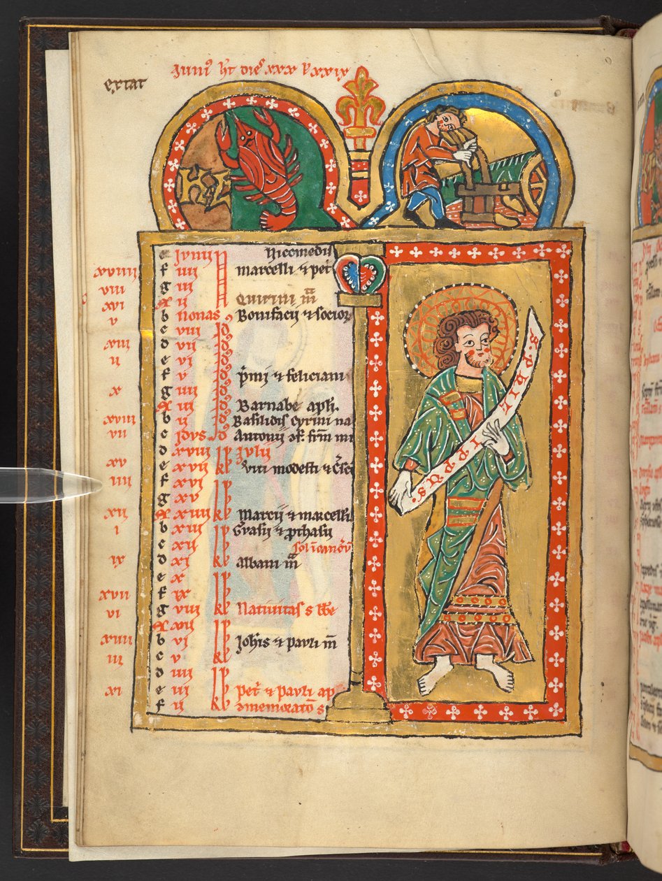 Tilføje. 60629, f.3v juni, fra 12 kalendersider i guld og farver, med arkitektoniske rammer, der hver indeholder et stjernetegn, en apostel og månedens arbejde (vellum) af German School