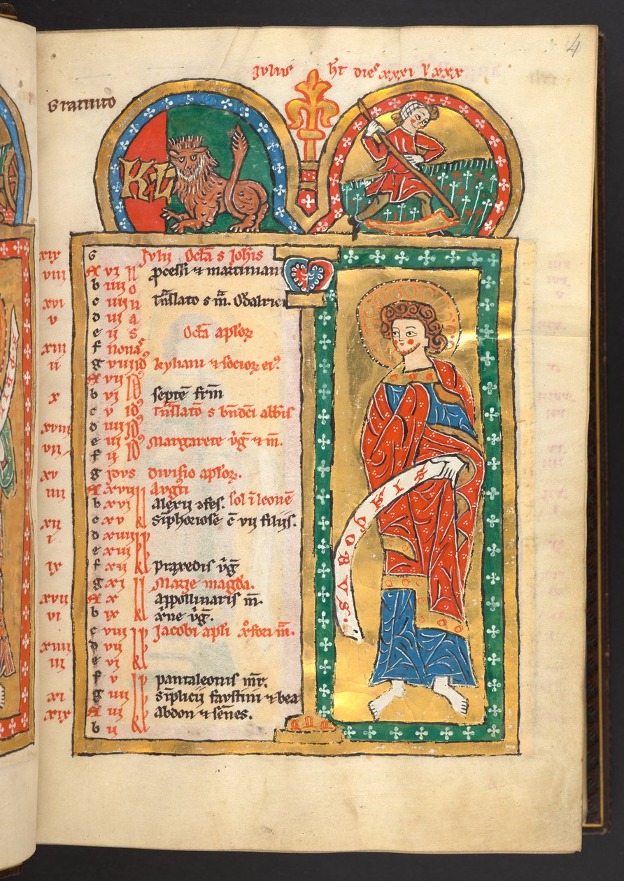 Tilføje. 60629, f.4 Juli. 12 kalendersider i guld og farver, med arkitektoniske rammer, der hver indeholder et stjernetegn, en apostel og månedens arbejde.  Psalter. Oplyst Salter med Kalender, Højsange og Litanier til Nonners Brug,. af German School