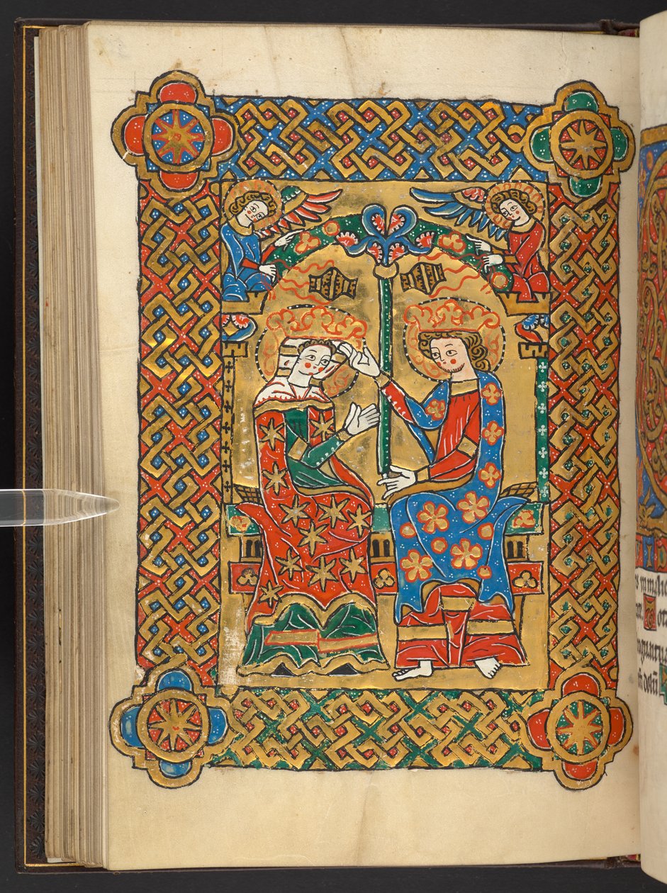Tilføje. 60629, f.56v Jomfruens kroning, med røgelse engle (vellum) af German School