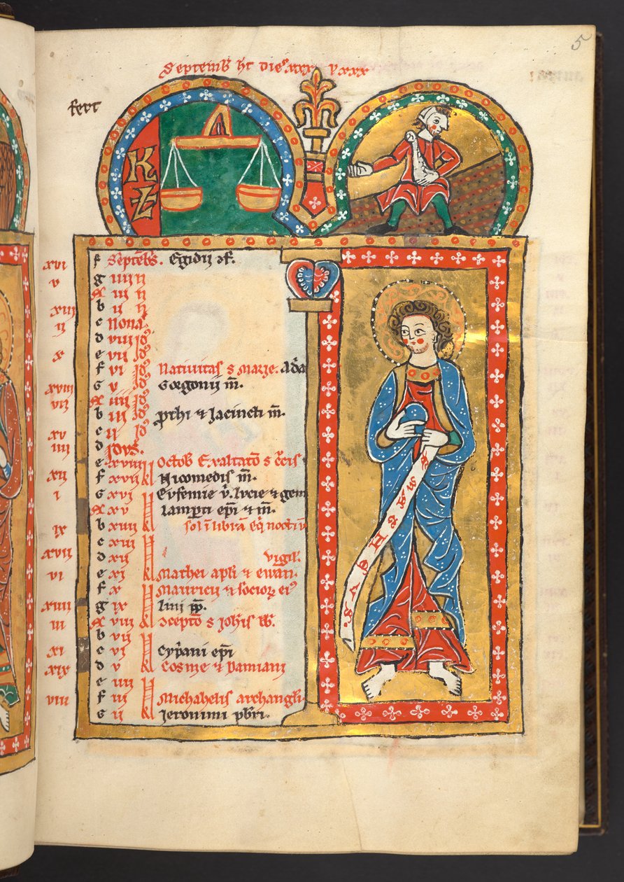 Tilføje. 60629, f.5 September. 12 kalendersider i guld og farver, med arkitektoniske rammer, der hver indeholder et stjernetegn, en apostel og månedens arbejde.  Psalter. Oplyst Psalter med Kalender, Canticles og Litanier til Brug af nu af German School