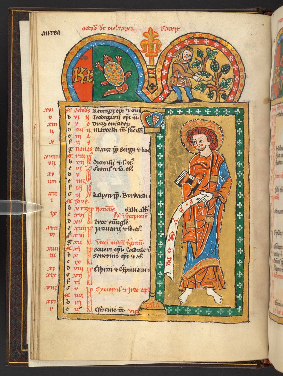 Tilføje. 60629, f.5v Oktober. 12 kalendersider i guld og farver, med arkitektoniske rammer, der hver indeholder et stjernetegn, en apostel og månedens arbejde.  Psalter. Oplyst Psalter med Kalender, Canticles og Litanier til Nonnes Brug af German School