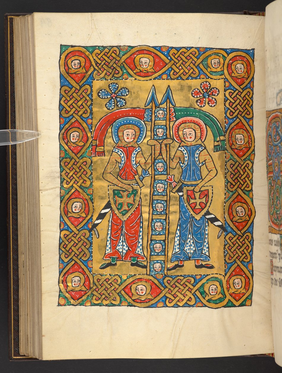Tilføje. 60629, f.84v To militære helgener, med andres hoveder (vellum) af German School