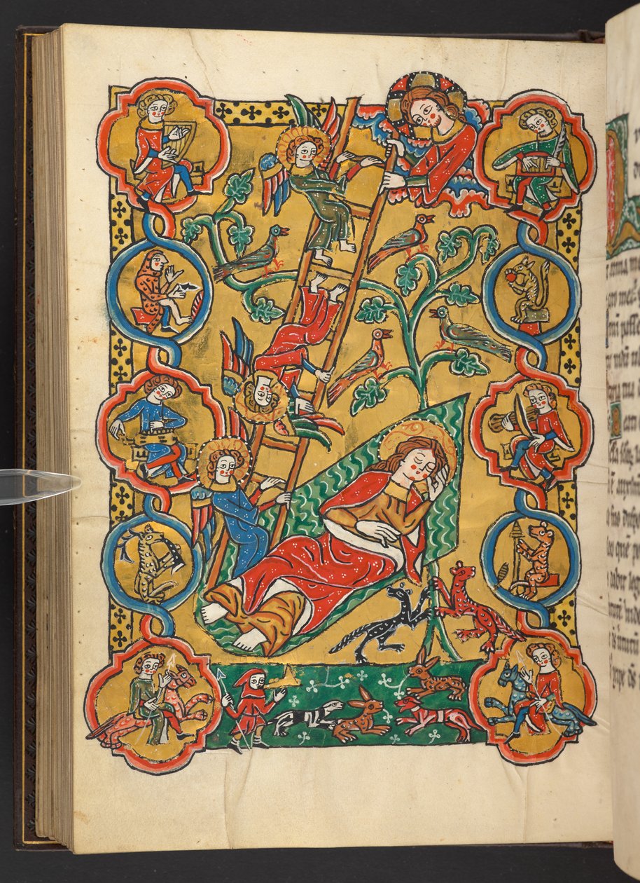 Tilføje. 60629, f.87v Jacobs Stige, med et livstræ og musikere, dyr, en mand der varmer fødderne og en jagtscene (vellum) af German School