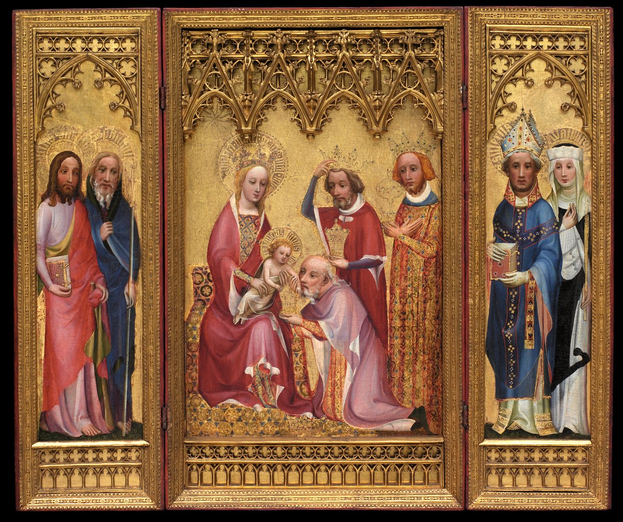 Tilbedelse af Magi, St. Severus og St. Walburga, St. James og St. Philip, ca. 1410 (olie og forgyldning på egetræspanel) af German School