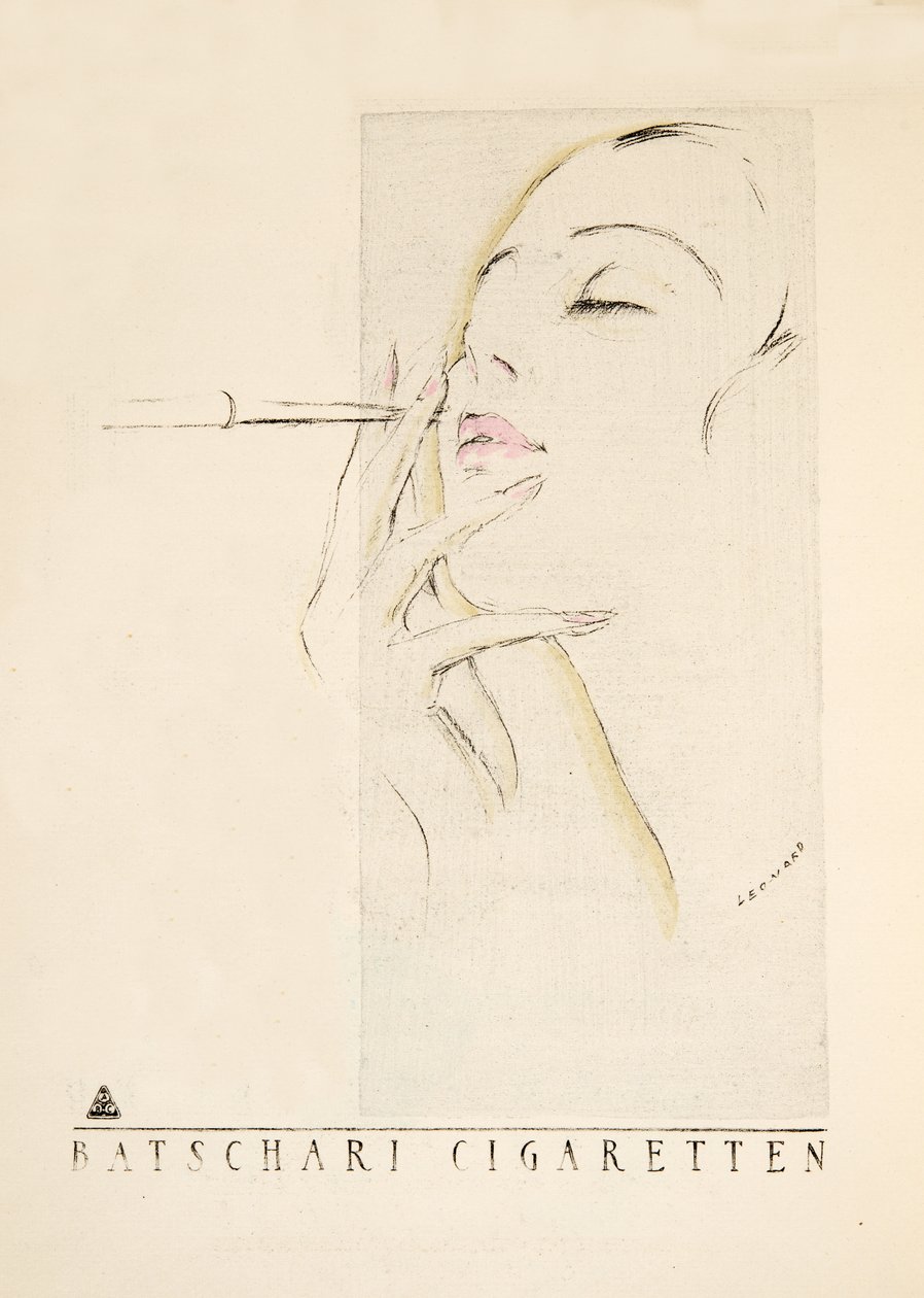 Annonce for "Batschari Cigaretten", fra Styl, pub.1922 (pochoir print) af German School