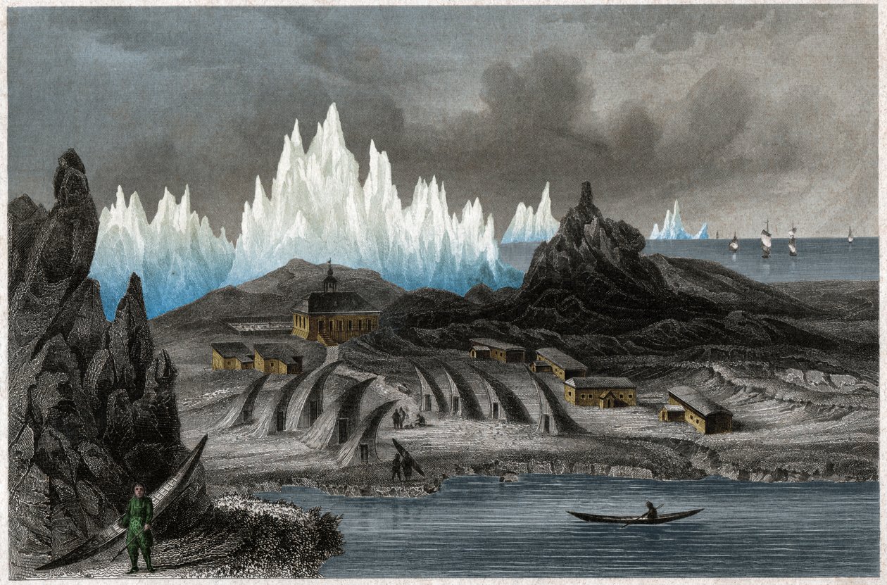 Akunnat, Grønland. (gravering, ca. 1850) af German School