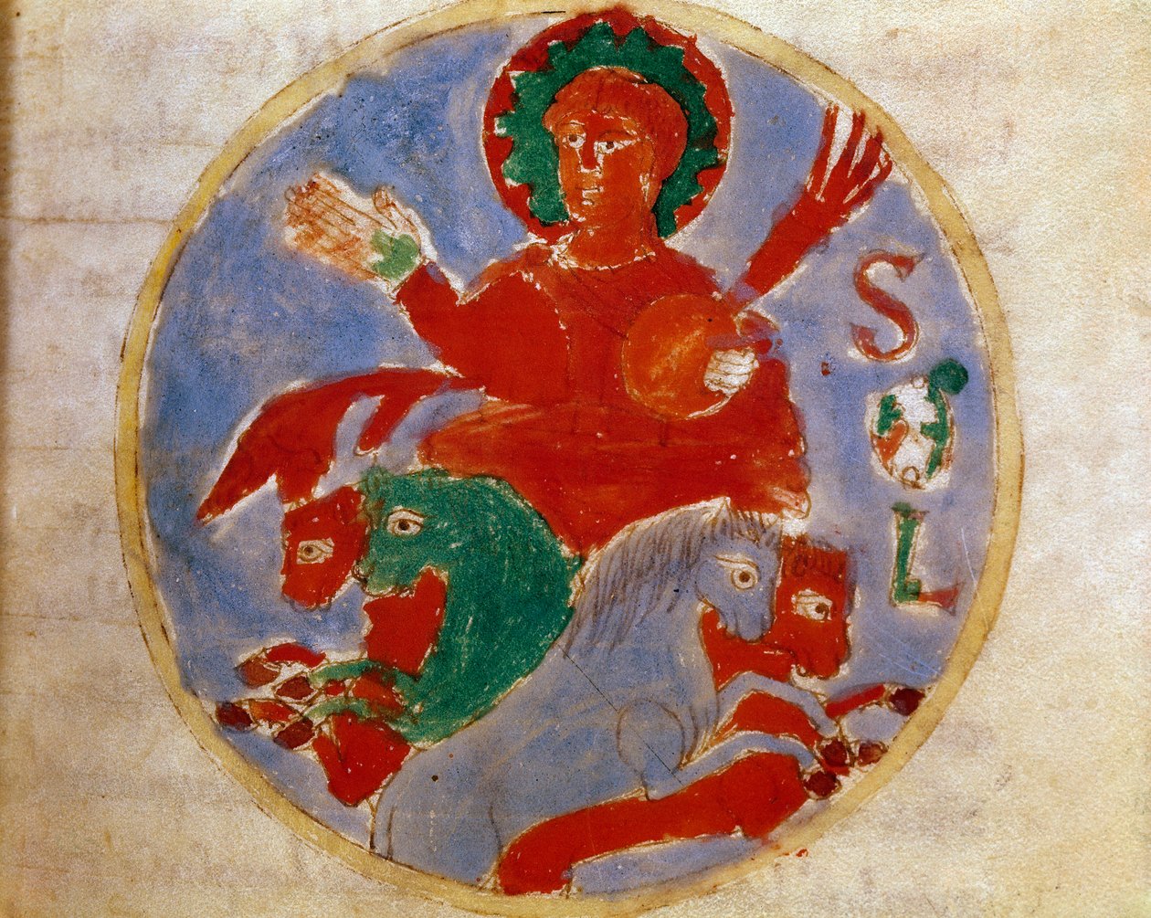 Allegorisk fremstilling af Solminiaturen taget fra bindet ""de sole" i ""De Universo"" (eller De rerum naturis (De la Nature des choses)) (cod. 132) af Rabanus Maurus Magnentius (eller Raban Maur eller Rabano) Mauro) (ca. 780-856). 9. århundrede Arkiv af German School