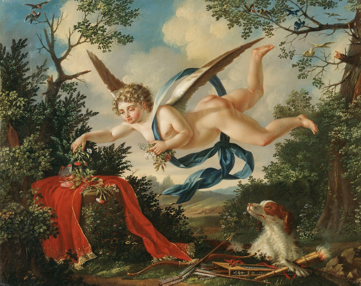 Allegories of Love - Amor samler blomster i et landskab, 1803 af German School