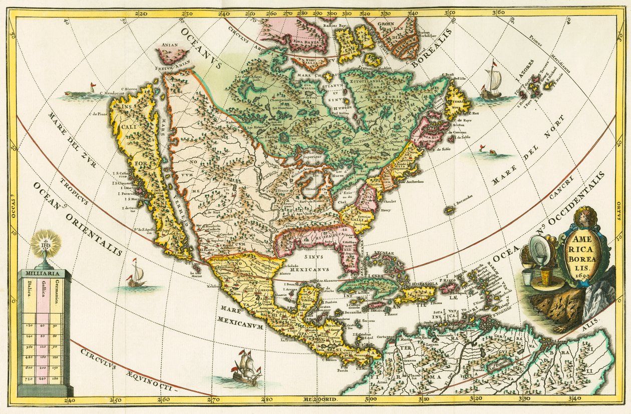 America borealis. Kort over Nordamerika med Californien som en ø, fra Heinrich Scherers Geographia hierarchica af German School