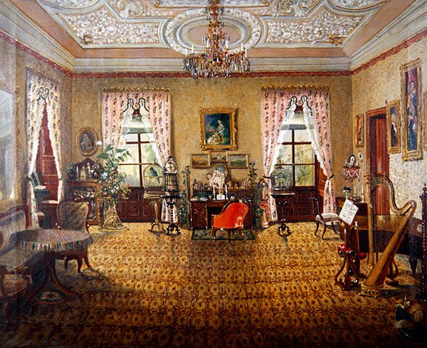 Et interiør af Schloss Tambach (olie på lærred) af German School