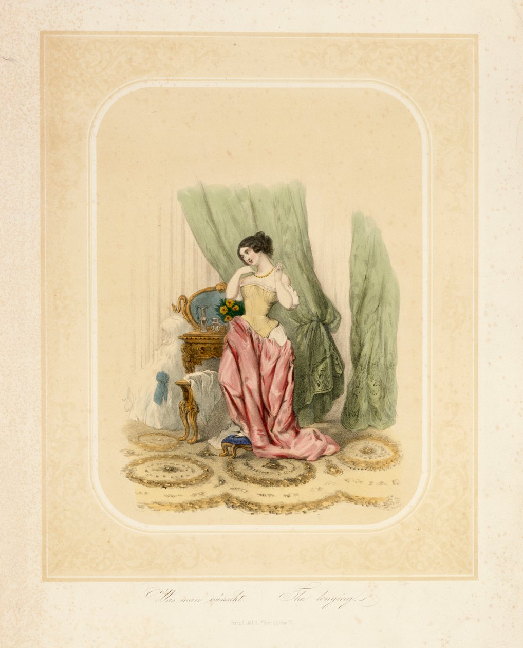 En elegant dame ved hendes toiletbord, trykt af F. Sala & Co, Berlin, ca. 1850 af German School