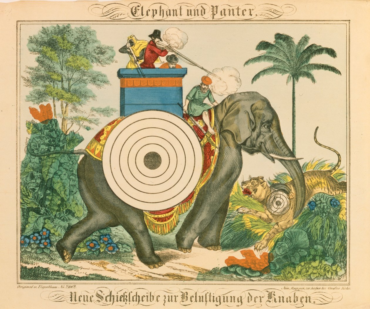 En elefant og panter med mål, fra Neuruppiner Bilderbogen, 1850 af German School
