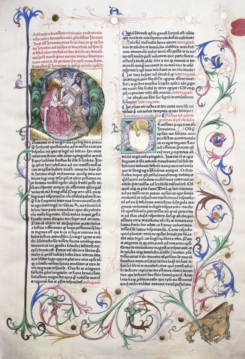 En oplyst side, der forestiller St. Hieronymus i hans arbejdsværelse, og en grænse med en griffin angrebet af tre mænd, 1470 af German School