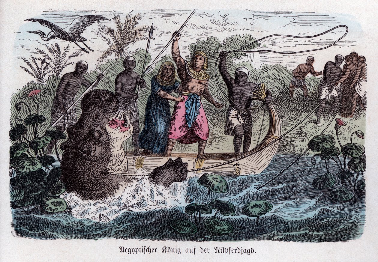Oldtidens historie. Egypten. Faraoen i en flodhest på jagt. Tysk ... (kobberstik) af German School