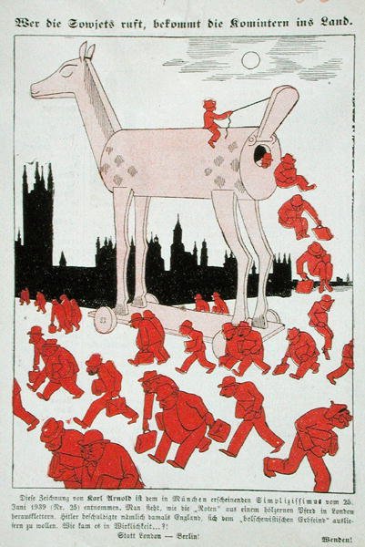 Anti-bolsjevikisk tegneserie af Det Tredje Rige, der skildrer bolsjevikkerne, der flygter fra en trojansk hest til London (farve litho) af German School
