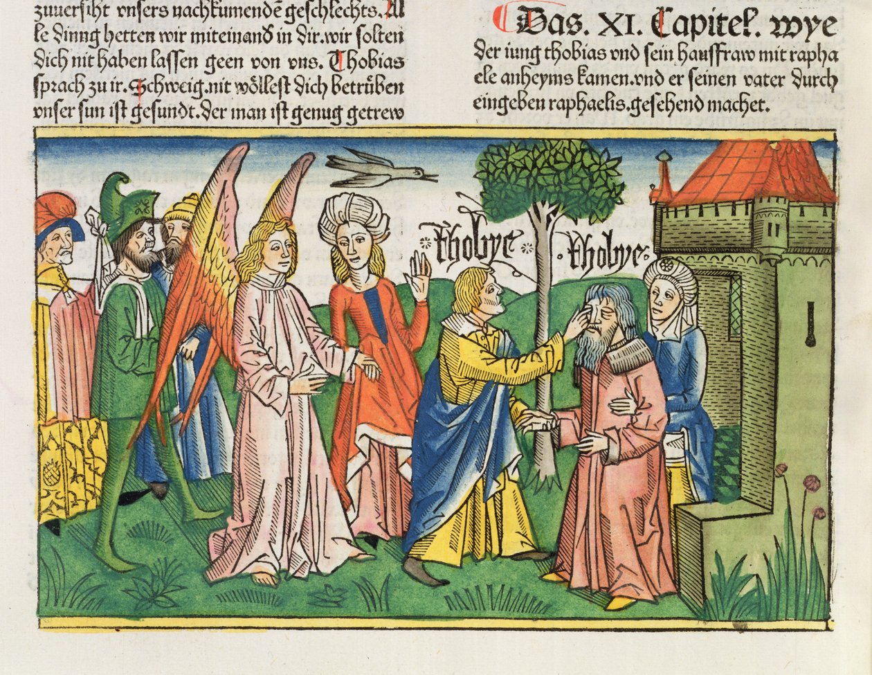 Apokryfer: Tobias genopretter sin far Tobits syn med galde af en fisk, fra Nürnbergbibelen (Biblia Sacra Germanaica) (farvet træsnit) af German School