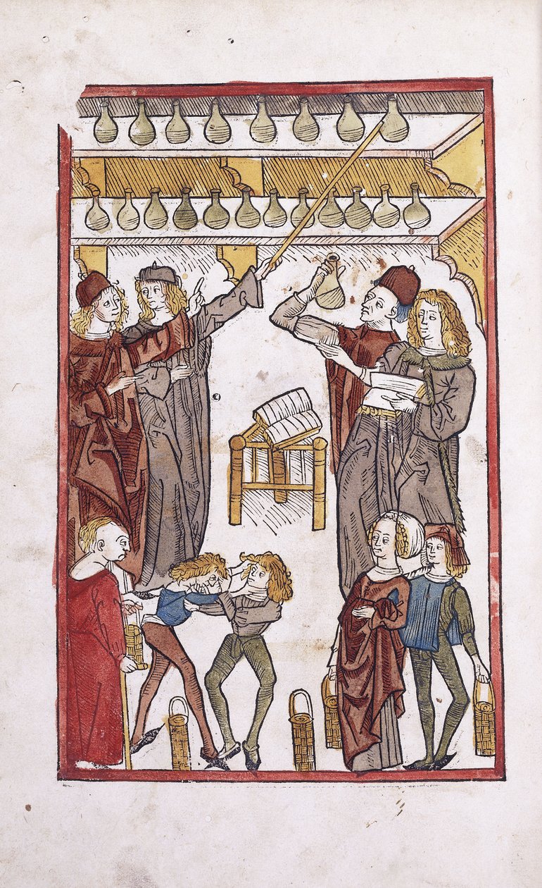 Apoteker og eliksirer, med to drenge, der kæmper i forgrunden, 1491 af German School