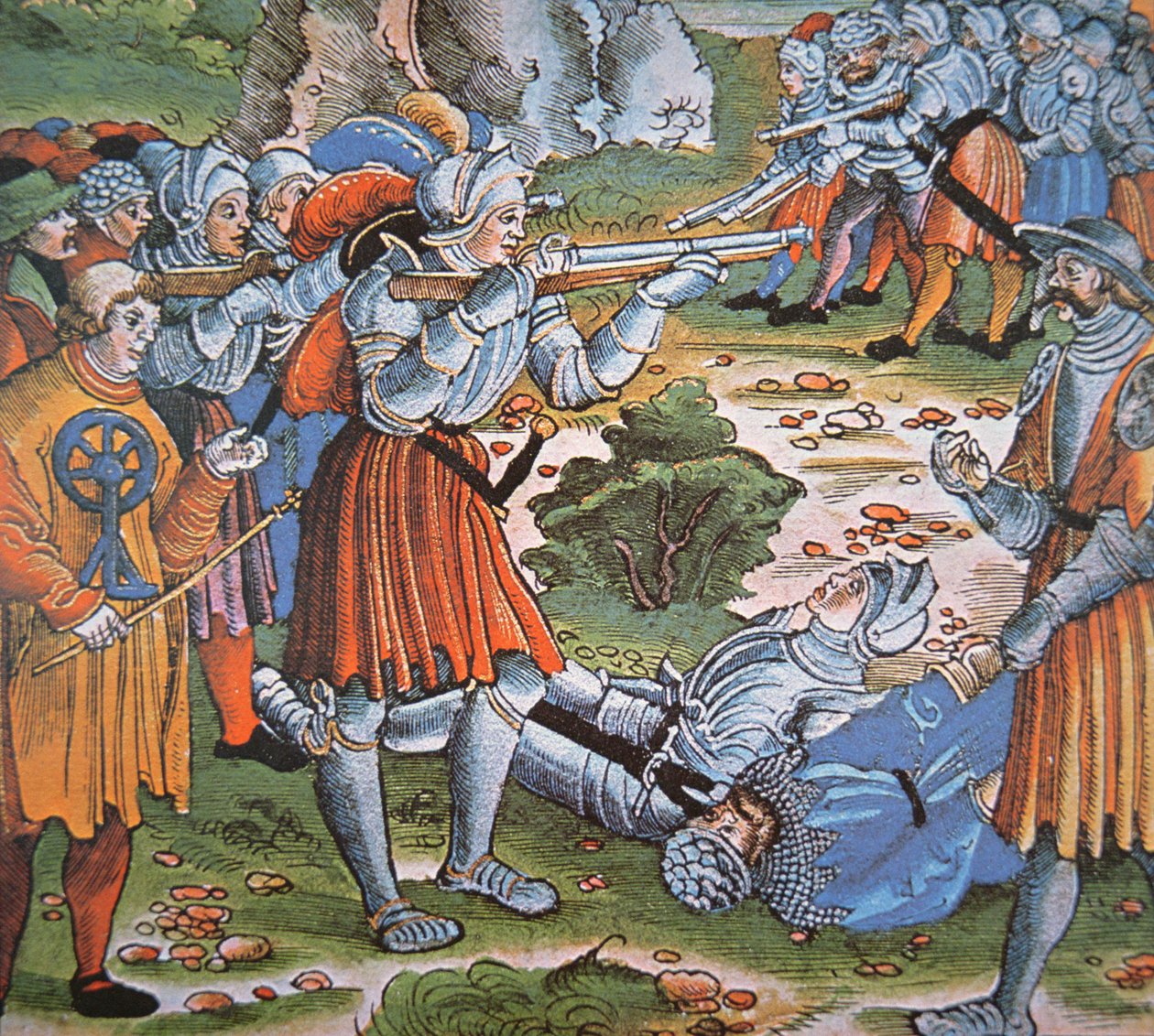 Pansrede soldater skyder tændstiklås Arquebus, slutningen af det 15. århundrede (håndfarvet træsnit) af German School