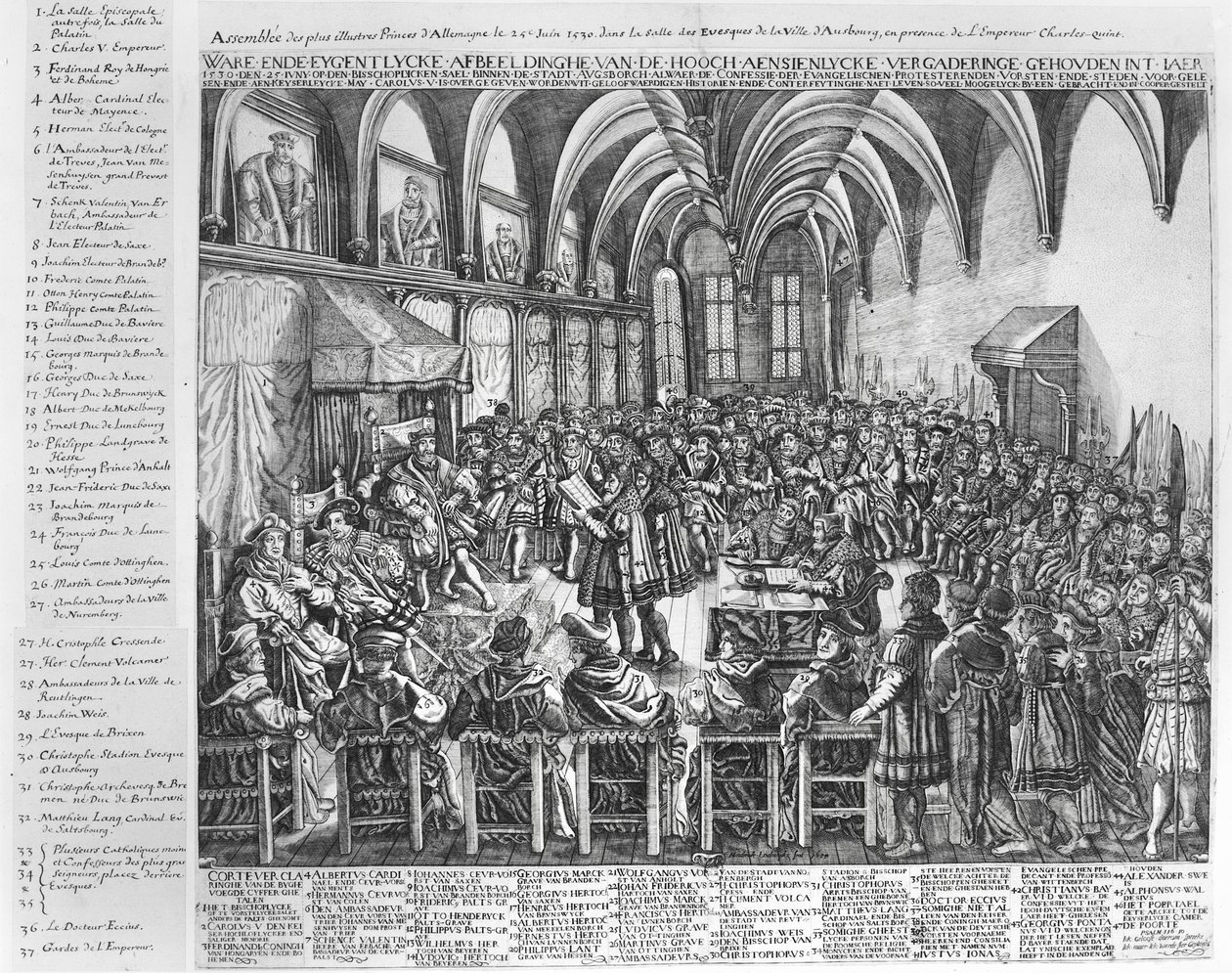 Forsamling af de mest berømte fyrster af Tyskland, i biskoppens sal, Augsbourg, i nærværelse af Charles V (1500-58) den 25. juni 1530 af German School