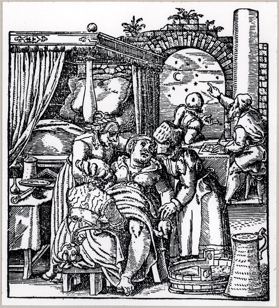 Astrologer støber et horoskop for barnet, der bliver født til en kvinde i en fødestol, fra De Conceptu et Generatione Hominis af Jacob Rueff, udgivet i Frankfurt, 1587 af German School