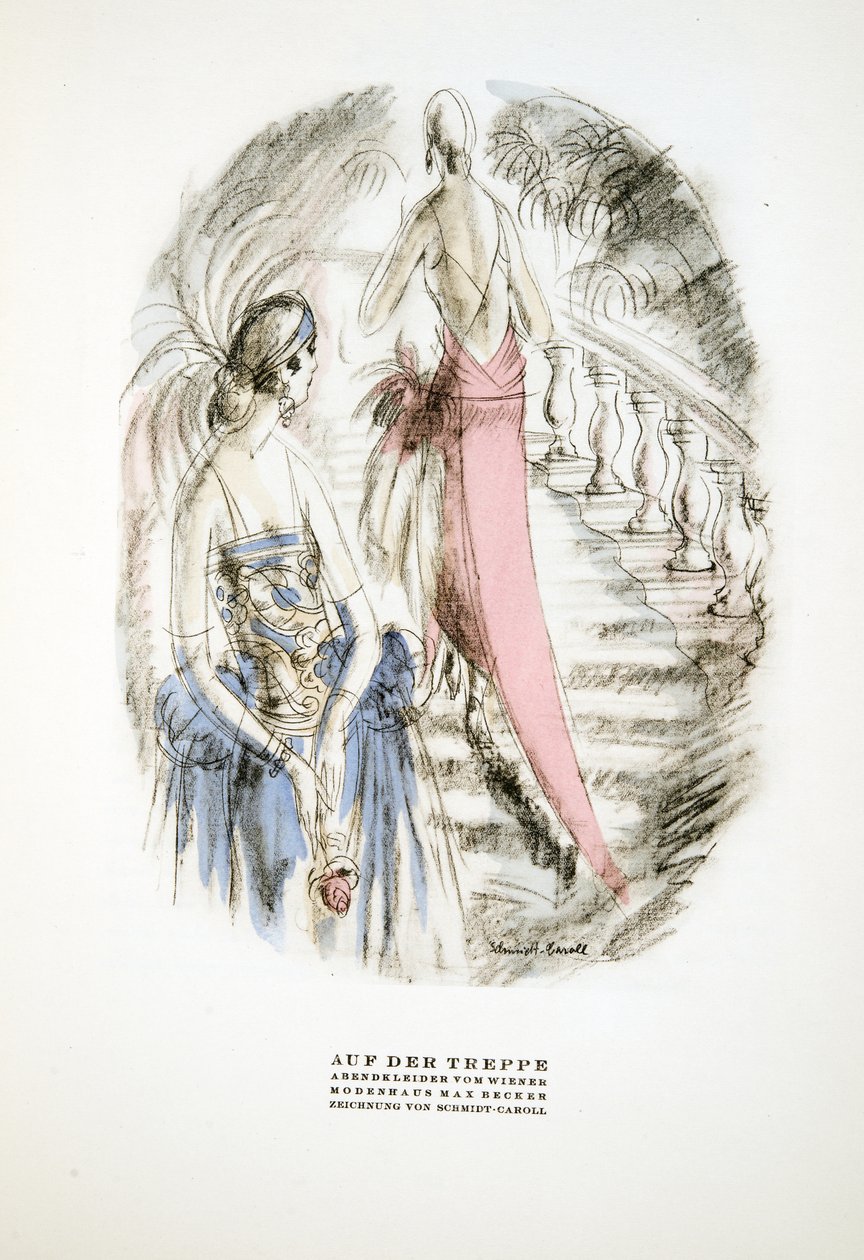 På trappen, aftenkjoler af Wiener, fra Styl, pub.1922 (pochoir print) af German School
