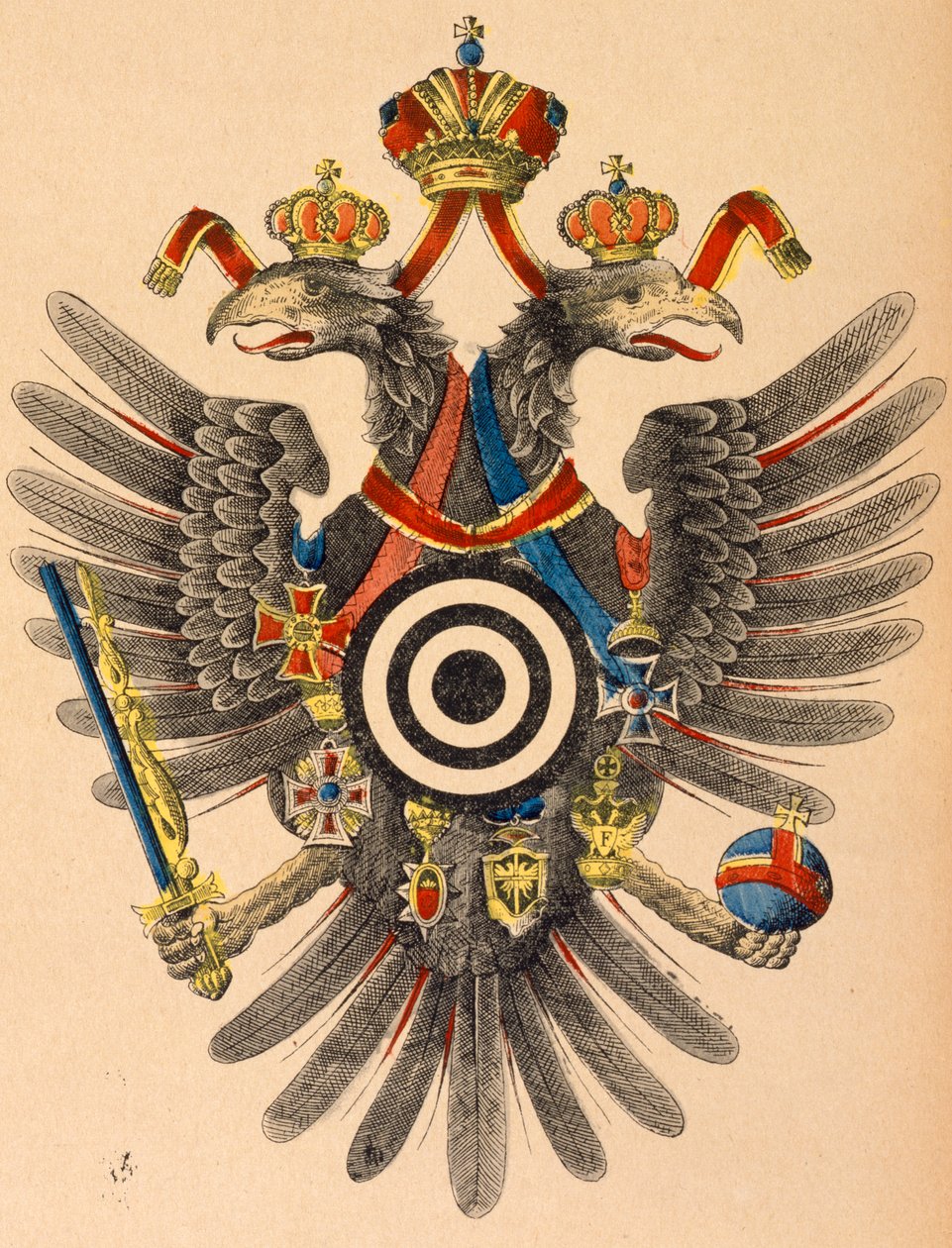 Østrig-ungarsk kejserligt våbenskjold som bueskydningsmål, ca. 1865 (farvet træsnit) af German School