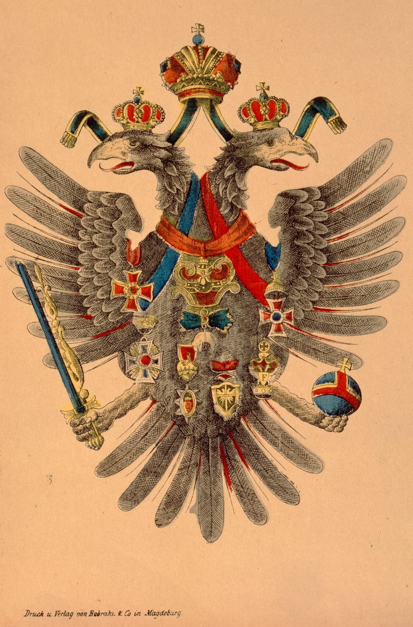 Østrig-ungarsk kejserligt våbenskjold, udgivet af Robraki & Co., Magdeburg, ca. 1865 (farvet træsnit) af German School