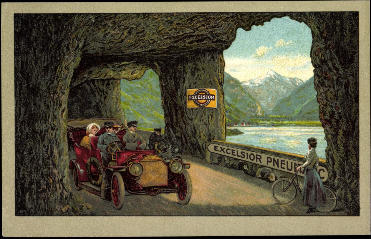 Biler i tunnel, Excelsior Pneumatics (litografi) af German School
