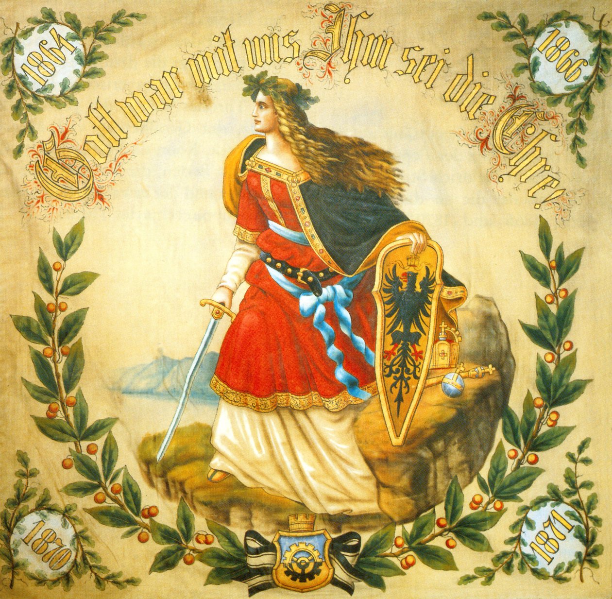 Banner med billedet af Germania, symbol på et forenet Tyskland, ca. 1918 (tryk) af German School