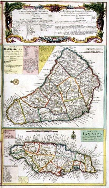 Barbados og Jamaica, detaljer fra et kort over engelske kolonier i Caribien, pub. af Homanns Heirs, Nürnberg, ca. 1750 (detalje af 101836) af German School