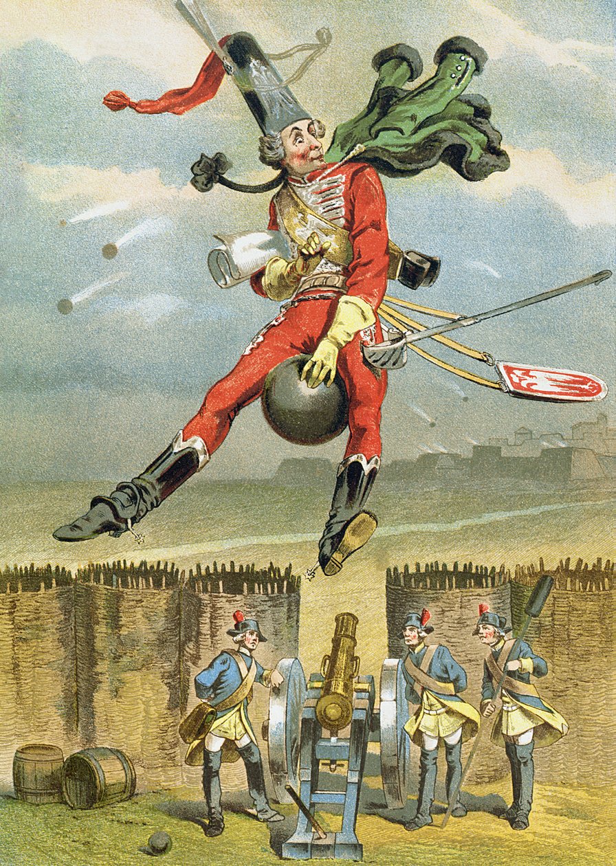 Baron Munchausen flyver over fjendens linjer på en kanonkugle, illustration fra en tysk udgave af Baron Munchausens eventyr af German School