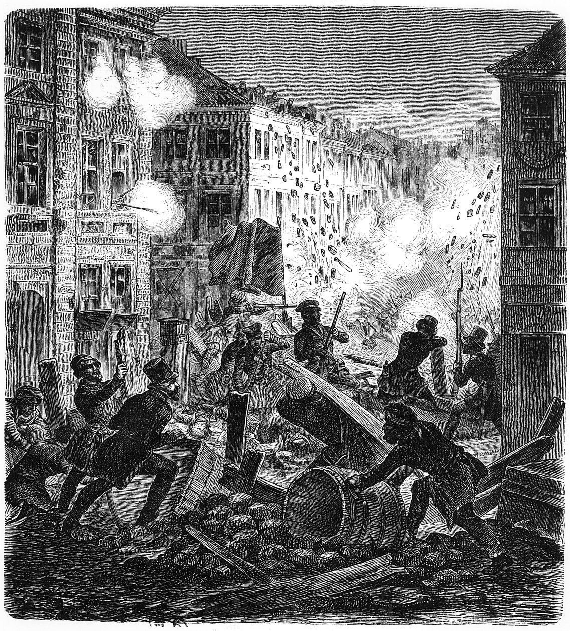 Barrikader i Berlin under den tyske revolution i 1848 af German School
