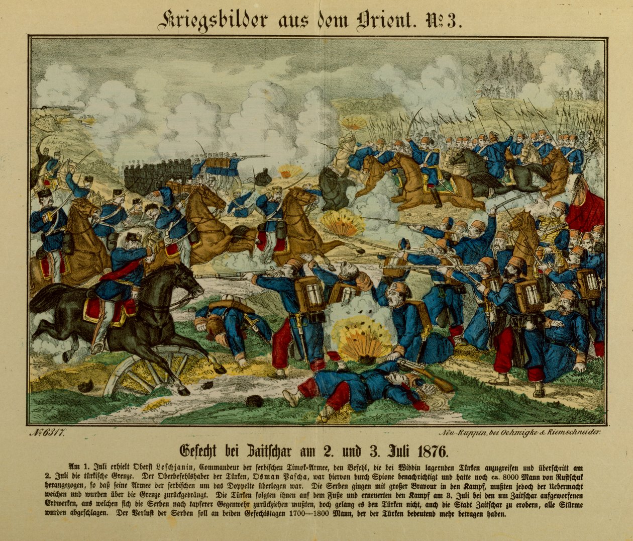Slaget ved Zajecar, 2.-3. juli 1876, under den første serbo-osmanniske krig (1876-77), Neuruppiner Bilderbogen, 1876 af German School