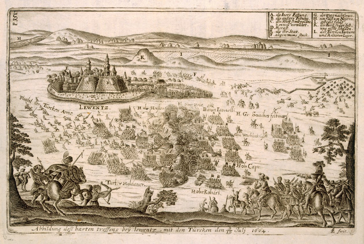 Slag nær byen Levice i 1664, illustration fra en bog om de osmanniske felttog i Europa, indgraveret af Paul Furst (ca. 1605-66) af German School