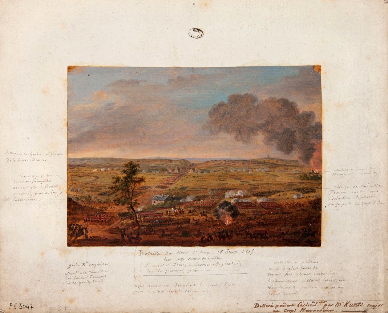 Slaget ved Mont-Saint-Jean, tegnet og malet under handlingen af Major Kunts fra Hannover-enheden, 18. juni 1815 (blyant og gouache på pap) af German School