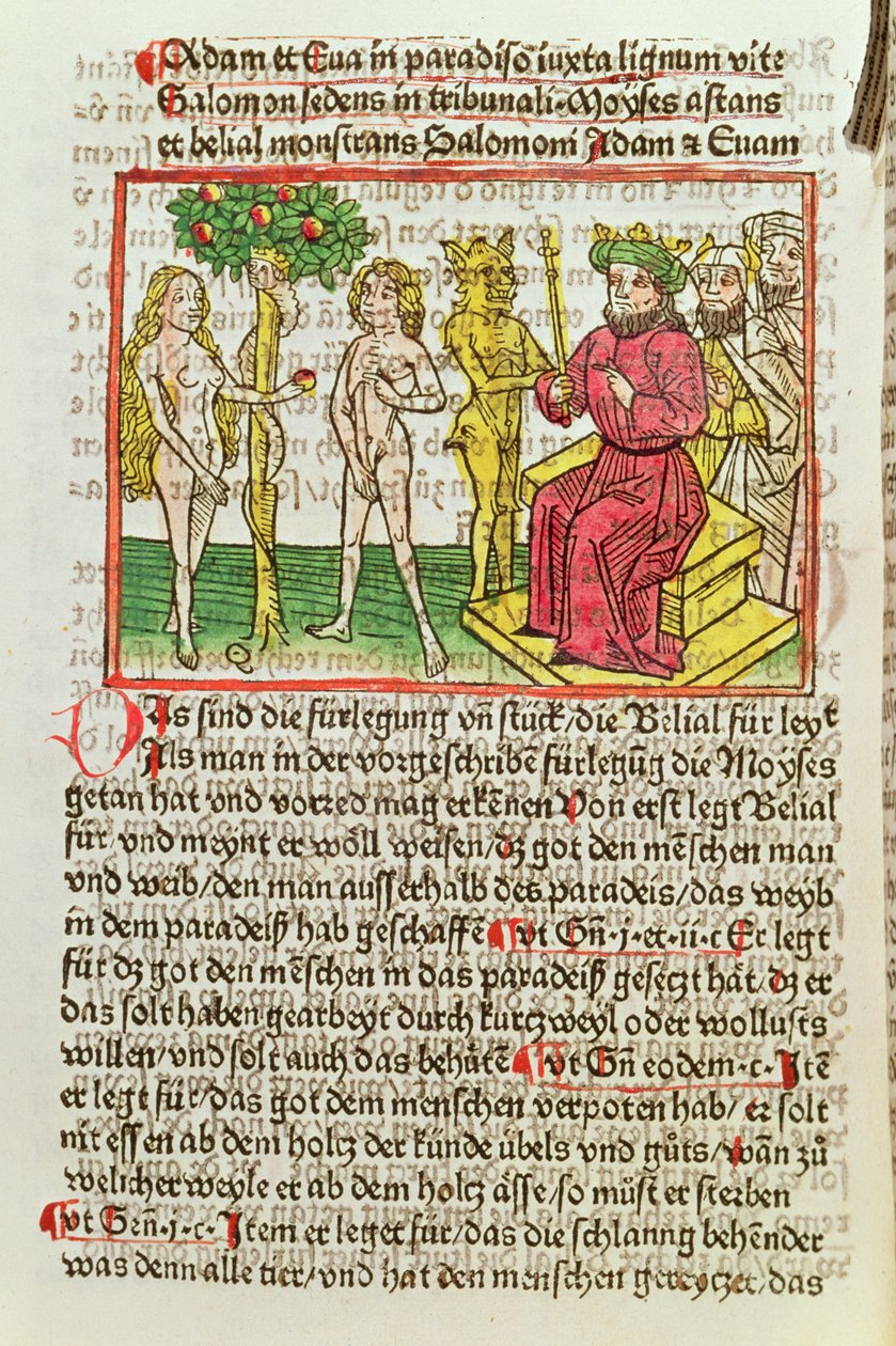 Belial præsenterer Adam og Eva for Salomon, illustration fra en tysk oversættelse af Das Buch Belial, 1473 (farvet træsnit) af German School