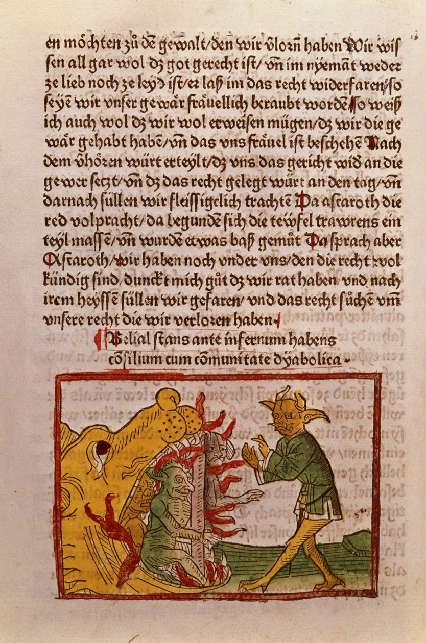 Belial ved helvedes porte, illustration fra en tysk oversættelse af Das Buch Belial, 1473 (farvet træsnit) af German School