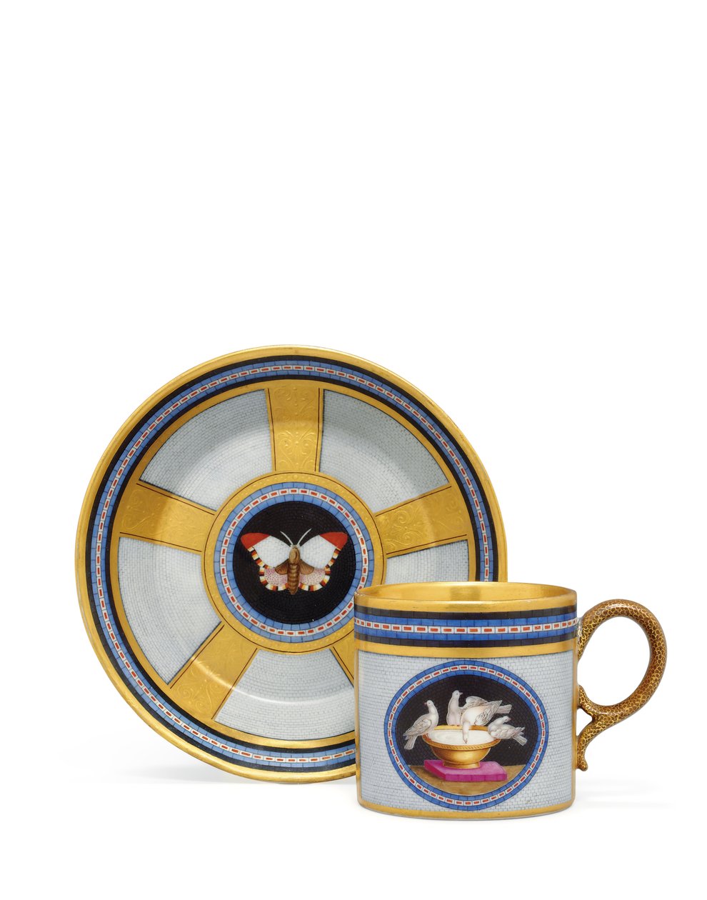 Berlin faux pietra dura og mikromosaik kaffedåse og underkop, ca. 1810-15 (keramik) af German School